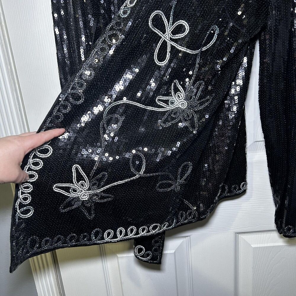 Investments Jacket Women's Large Black Sequin Floral Open Front Knit Embellished - Picture 6 of 11